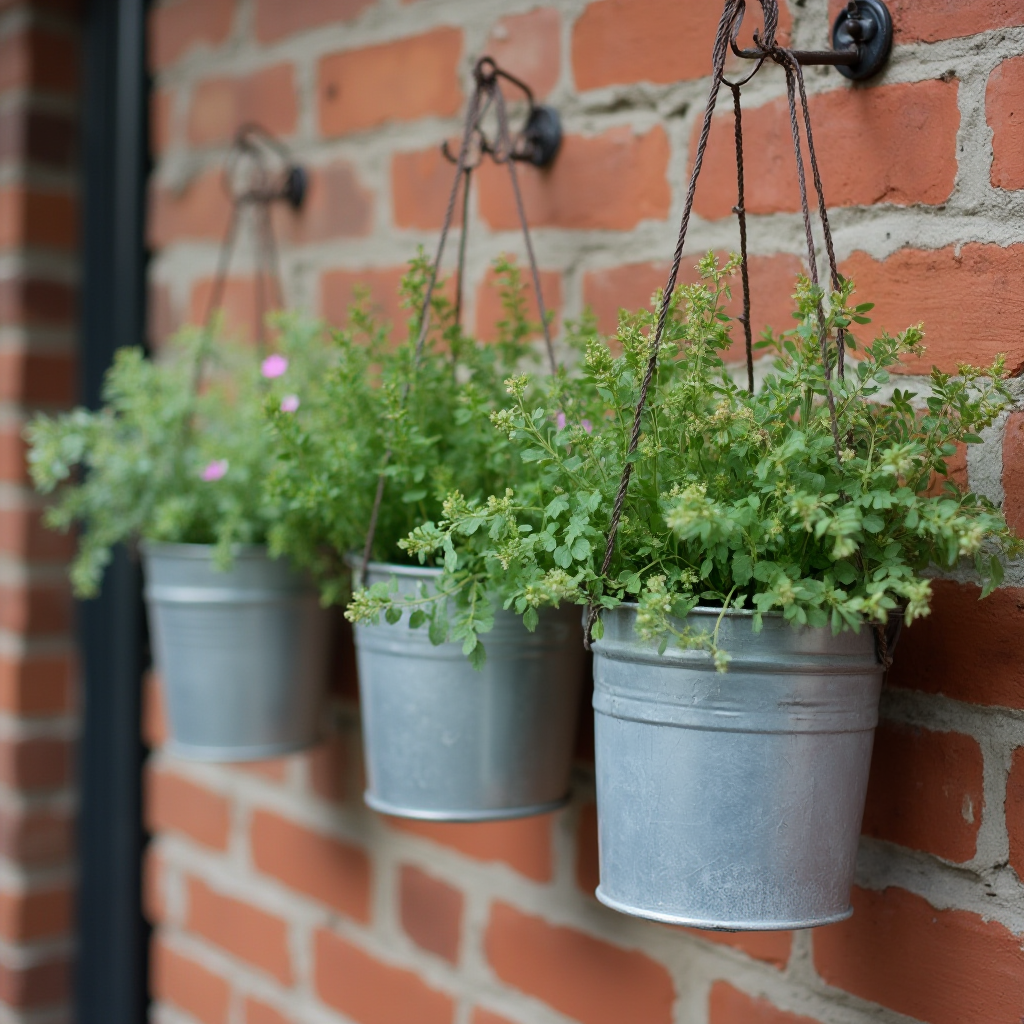 Nowoczesna aranżacja z trzema Gruboszami główkowatymi (Crassula capitella) w wiszących metalowych donicach na tle ceglanej ściany
