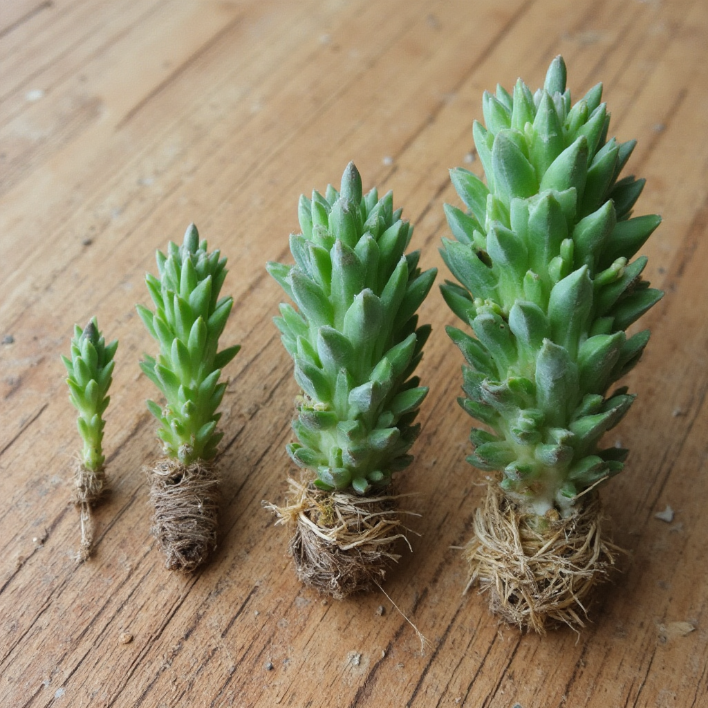 Porównanie różnych etapów wzrostu grubosza jajowatego (Crassula ovata) od sadzonki do dojrzałej rośliny, ułożonych na drewnianym tle