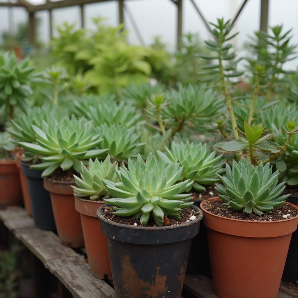 Kolekcja doniczek dla Grubosza jajowatego (Crassula ovata) różnych kształtów i materiałów ustawiona na półce w szklarni