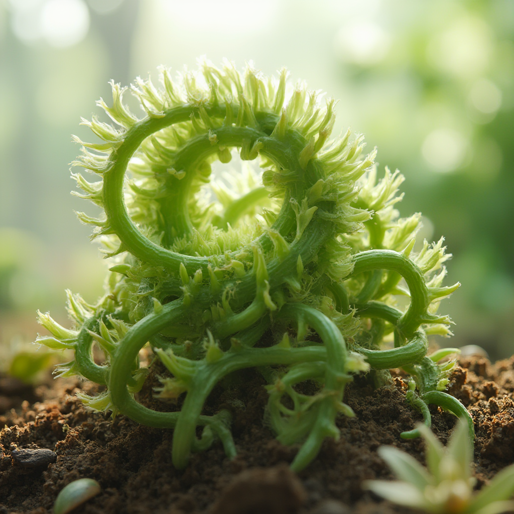 Kłąb splątanych pędów Grubosza mechowatego (Crassula muscosa) z widocznymi korzeniami powietrznymi, jasne tło z rozmytymi kształtami innych roślin.