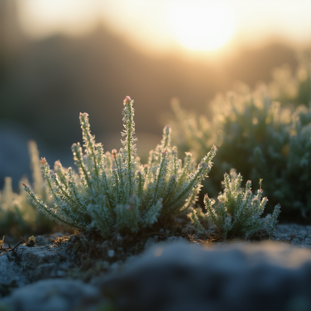 Grubosz mechowaty (Crassula muscosa) na skalniaku w ogrodzie, poranny szron na pędach. Kadr z niskiej perspektywy, miękkie światło wschodzącego słońca.