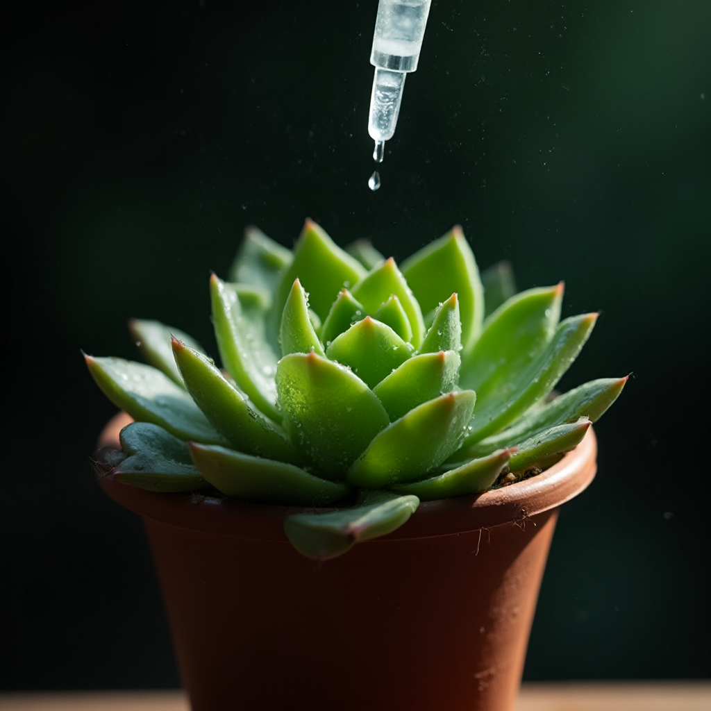 Doniczka z Gruboszem mechowatym (Crassula muscosa) podczas podlewania kroplomierzem, krople wody na pędach. Ciemne tło z bokeh świetlnym.