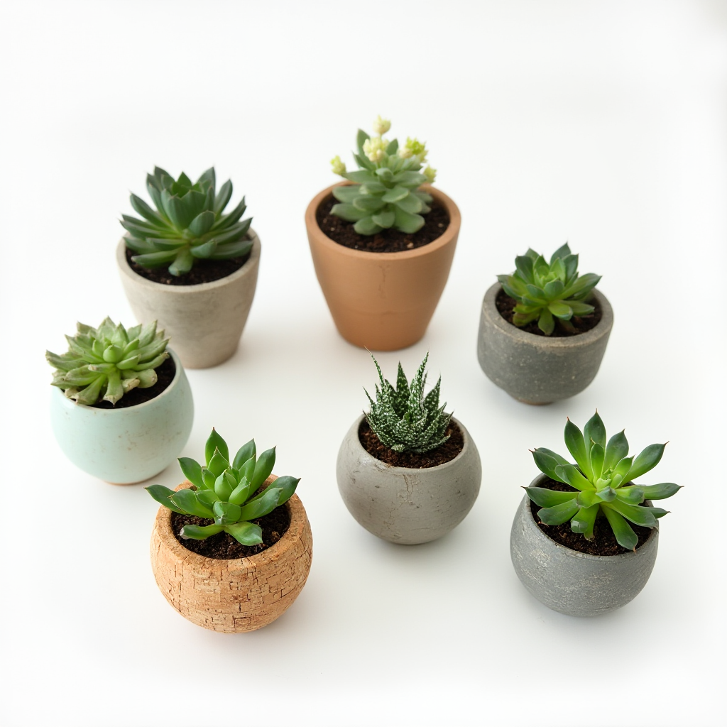 Kolekcja siedmiu doniczek z Gruboszem mechowatym (Crassula muscosa) w różnych stylach: ceramika raku, korkowy pojemnik, betonowa kula. Widok z góry na białym tle.