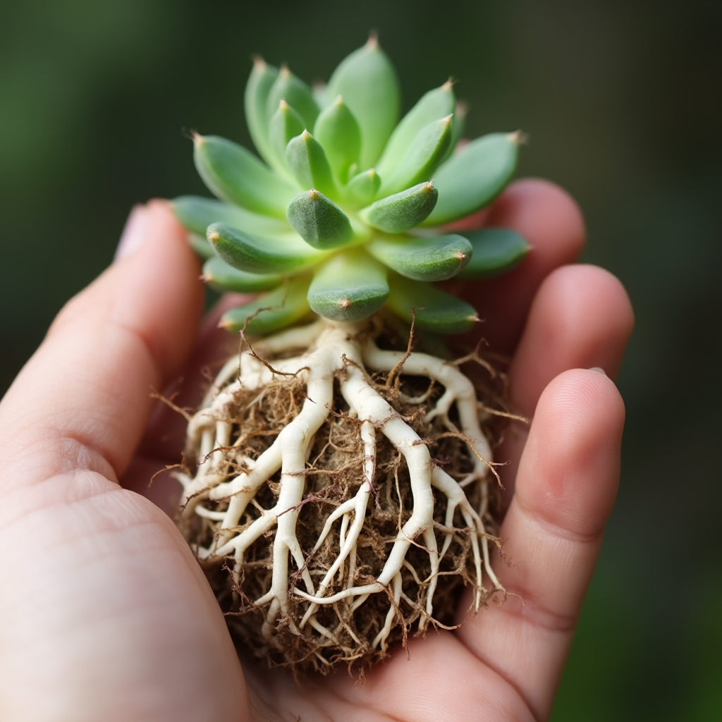 Ręka przesadzająca Grubosza mechowatego (Crassula muscosa), widoczne zdrowe białe korzenie. Kadr skupiony na korzeniach, tło rozmyte.