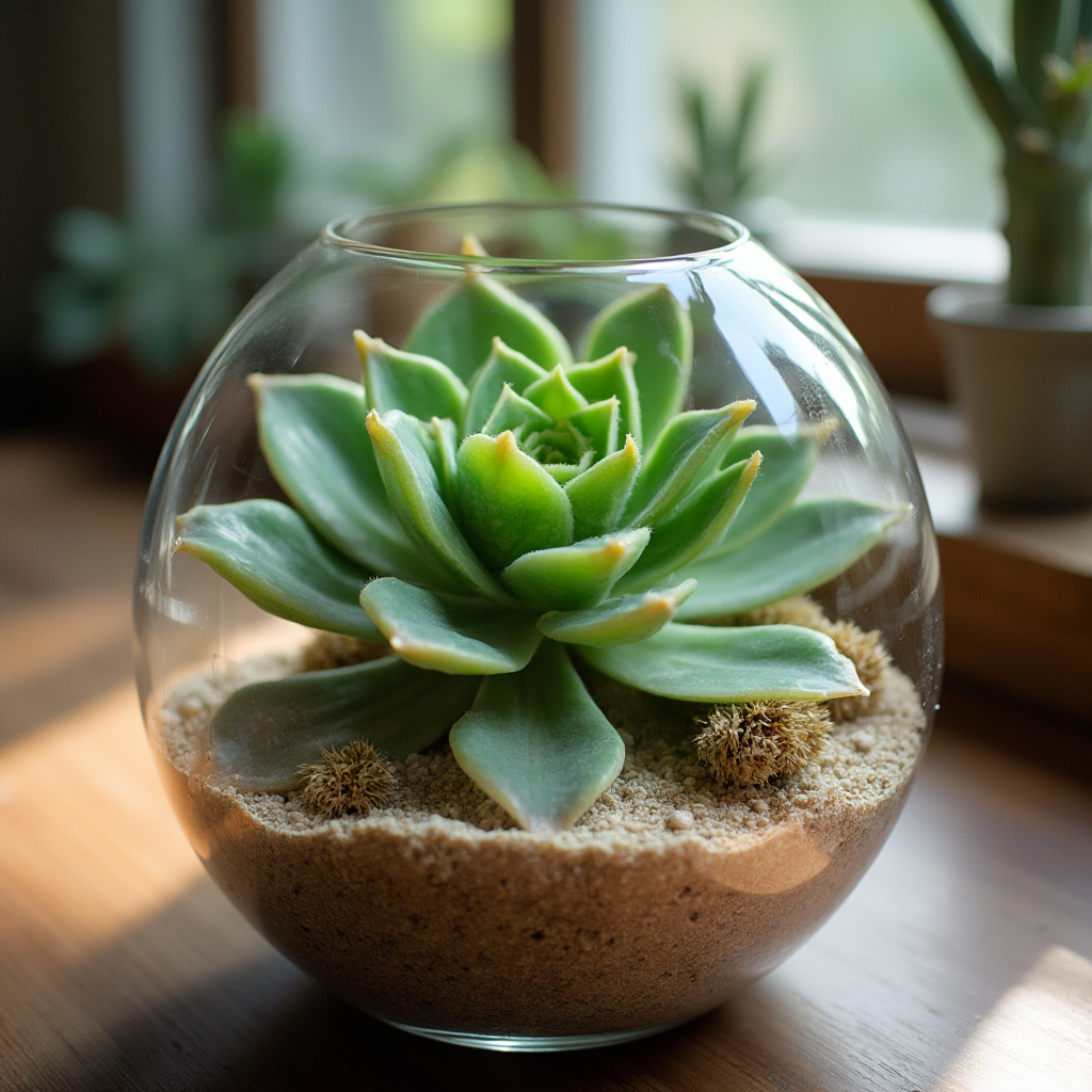 Grubosz mechowaty (Crassula muscosa) w szklanym terrarium z piaskowymi warstwami i sukulenty. Oświetlenie boczne podkreślające teksturę piasku.