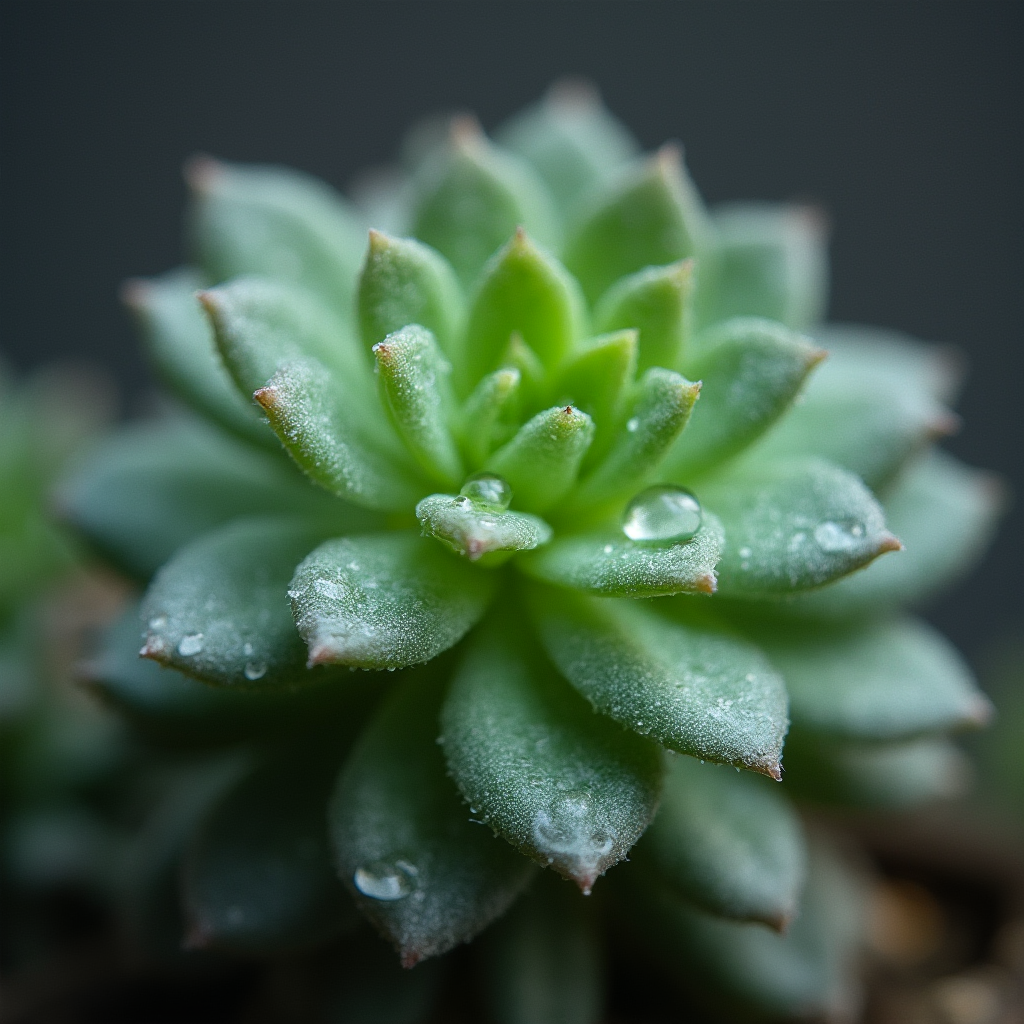 Makro zdjęcie liści Grubosza parasolkowego (Crassula umbella) z widocznymi kropelkami wody na powierzchni. Światło padające pod kątem uwydatnia woskowy nalot. Kadr poziomy, tło rozmyte w odcieniach szarości.