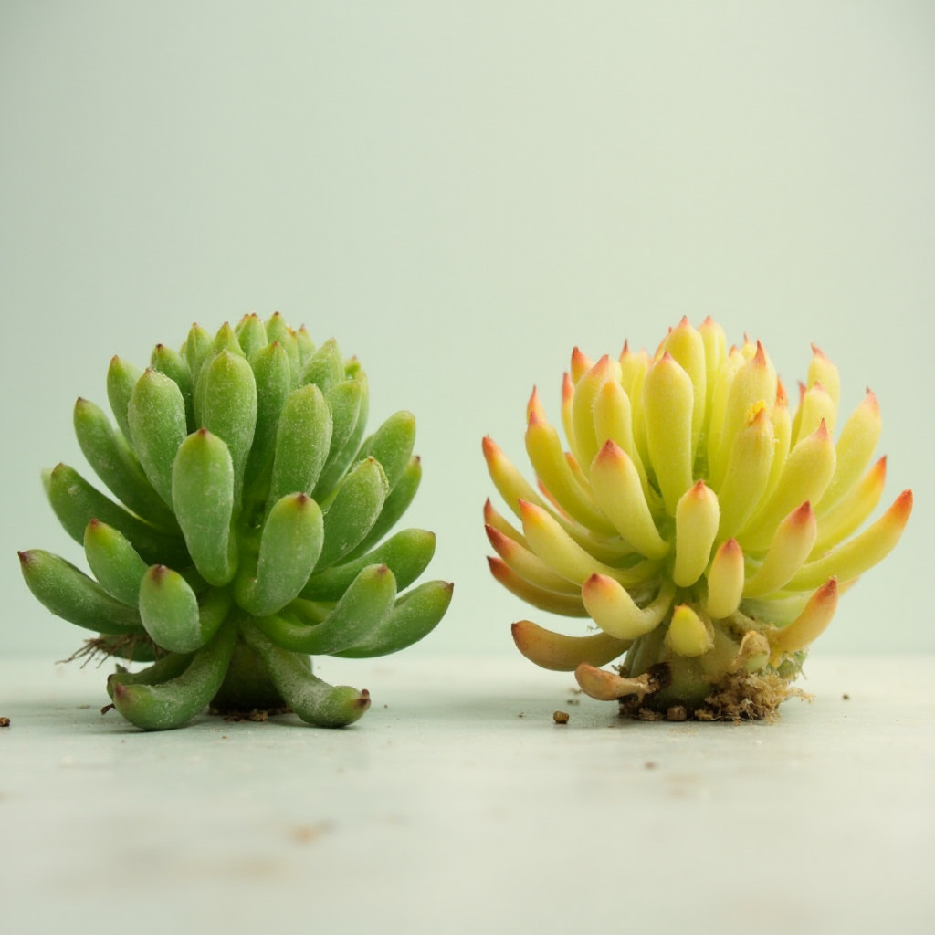 Porównawcze zdjęcie dwóch Gruboszy parasolkowych (Crassula umbella): jeden zdrowy o jędrnych liściach, drugi z objawami przelania (żółte liście). Kadr poziomy, ostre światło dzienne, tło w neutralnej kolorystyce.