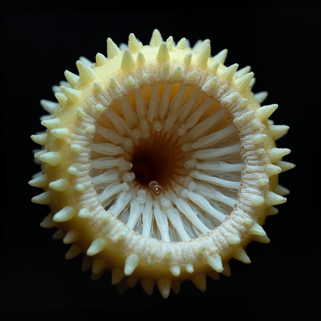 Przekrój poprzeczny łodygi Gymnocalycium – widoczne spiralne żebrowanie i gąbczasta tkanka magazynująca wodę. Makrofotografia na czarnym tle z podświetleniem bocznym.