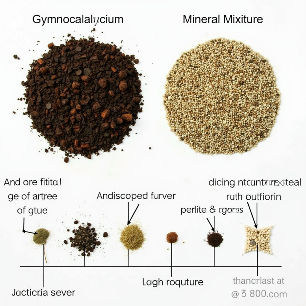 Porównanie podłoży dla Gymnocalycium: po lewej tradycyjna ziemia doniczkowa z gnijącą rośliną, po prawej mieszanka mineralna z perlitem i żwirem. Schematyczne zdjęcie z opisami składników.