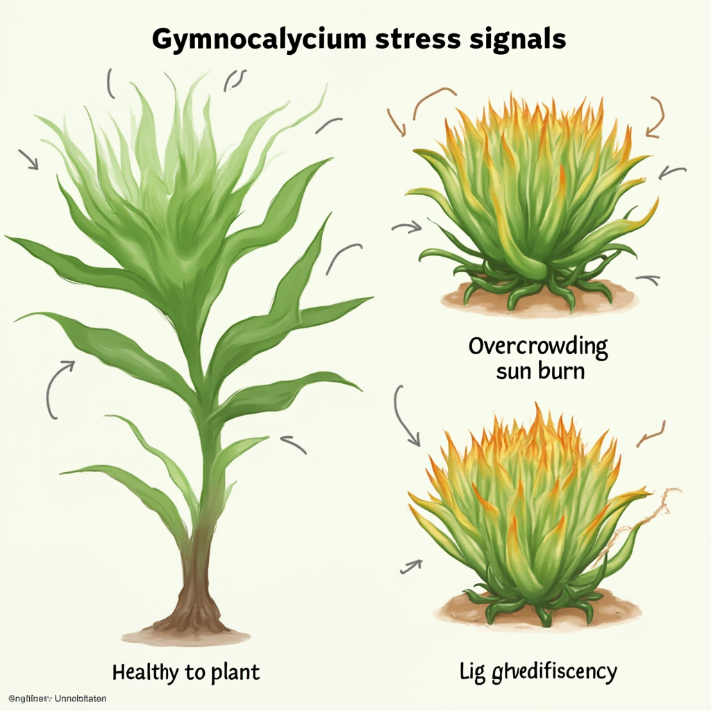 Infografika: Sygnały stresowe Gymnocalycium. Po lewej zdrowa roślina, po prawej trzy okazy z objawami: przelania, poparzenia słonecznego i niedoboru światła. Strzałki wskazujące charakterystyczne cechy.