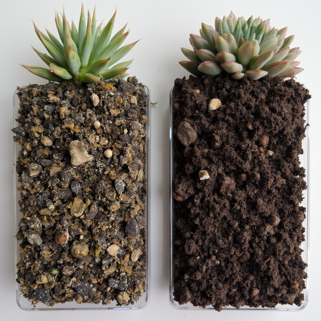 Porównanie podłoży dla Haworsji czarnej (Haworthia nigra): mieszanka mineralna vs ziemia kwiatowa, widoczne różnice w strukturze i drenażu