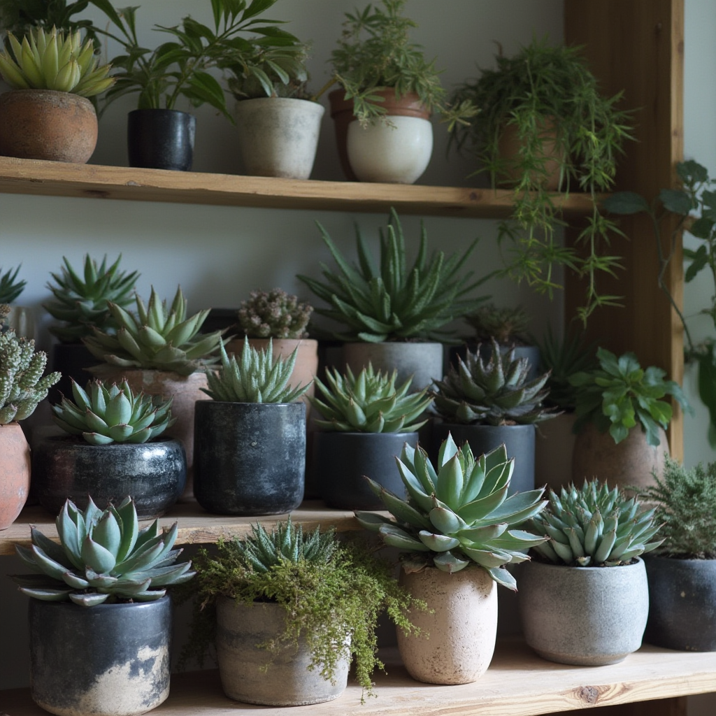 Kolekcja Haworsji czarnych (Haworthia nigra) w różnego typu doniczkach: ceramicznych, betonowych i glinianych, ustawionych na stopniowanej półce