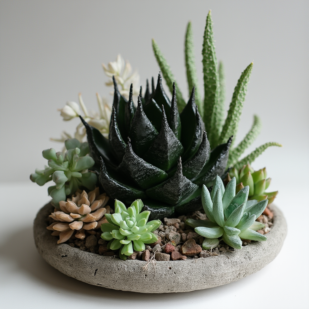 Haworsja czarna (Haworthia nigra) w kompozycji z innymi sukulentami: Echeverią, Lithopsami i Gasterią, układ w płaskim kamiennym naczyniu