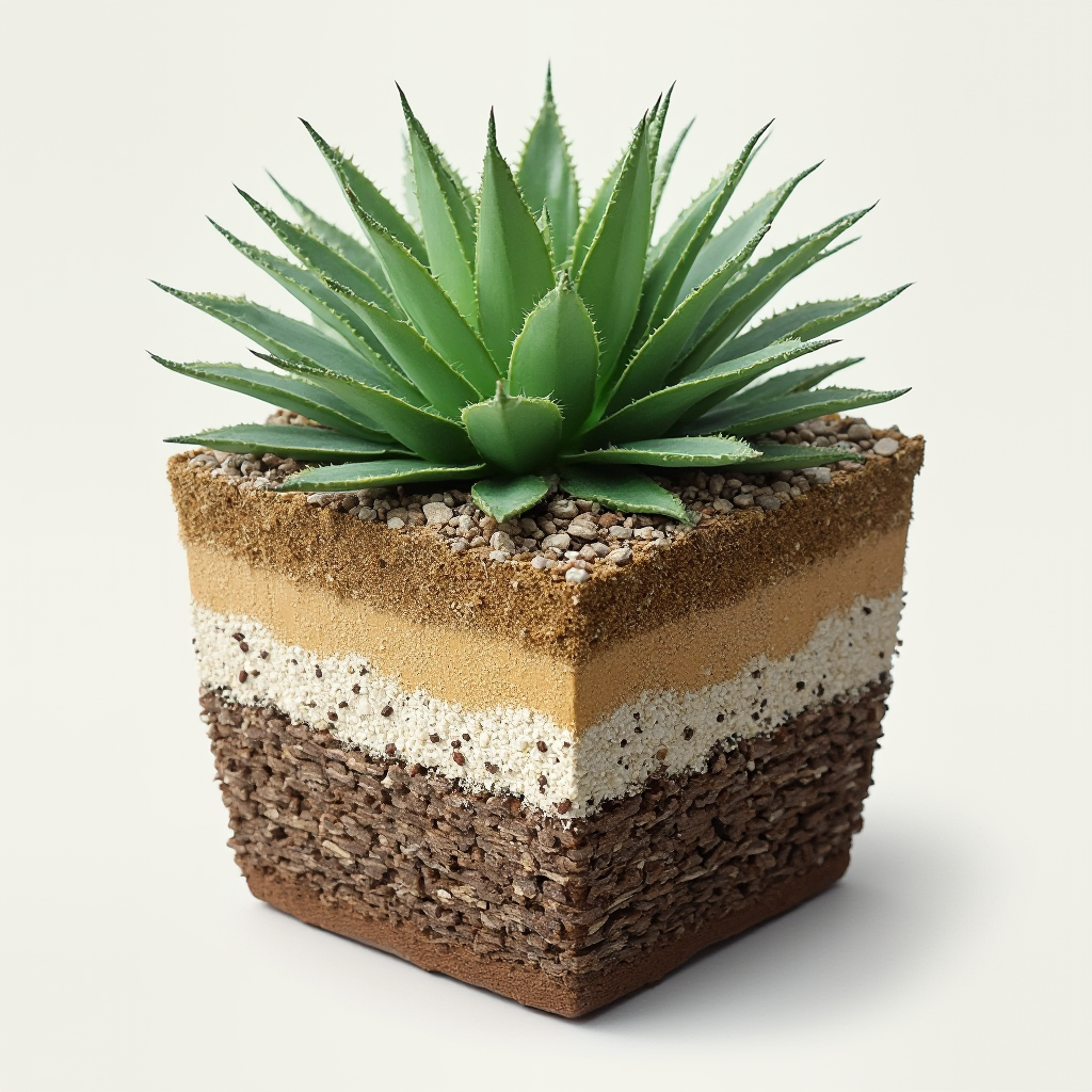 Schematyczny przekrój doniczki z Haworthia truncata pokazujący warstwy podłoża: drenaż z keramzytu, mieszanka ziemi z piaskiem i perliterm, wierzchnia warstwa żwiru