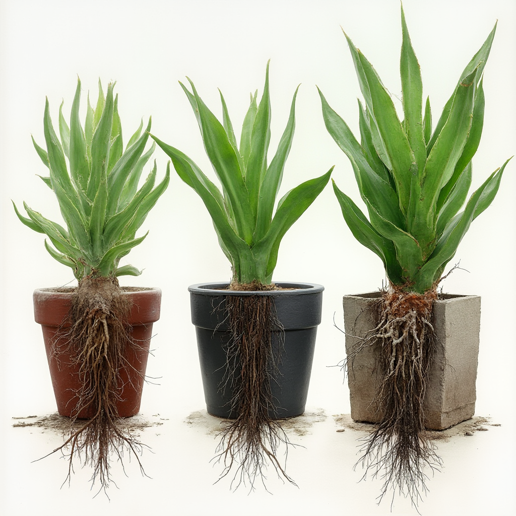 Porównanie systemu korzeniowego Haworthia truncata w różnych doniczkach: ceramicznej, plastikowej i kamiennej, z widoczną różnicą w rozwoju korzeni