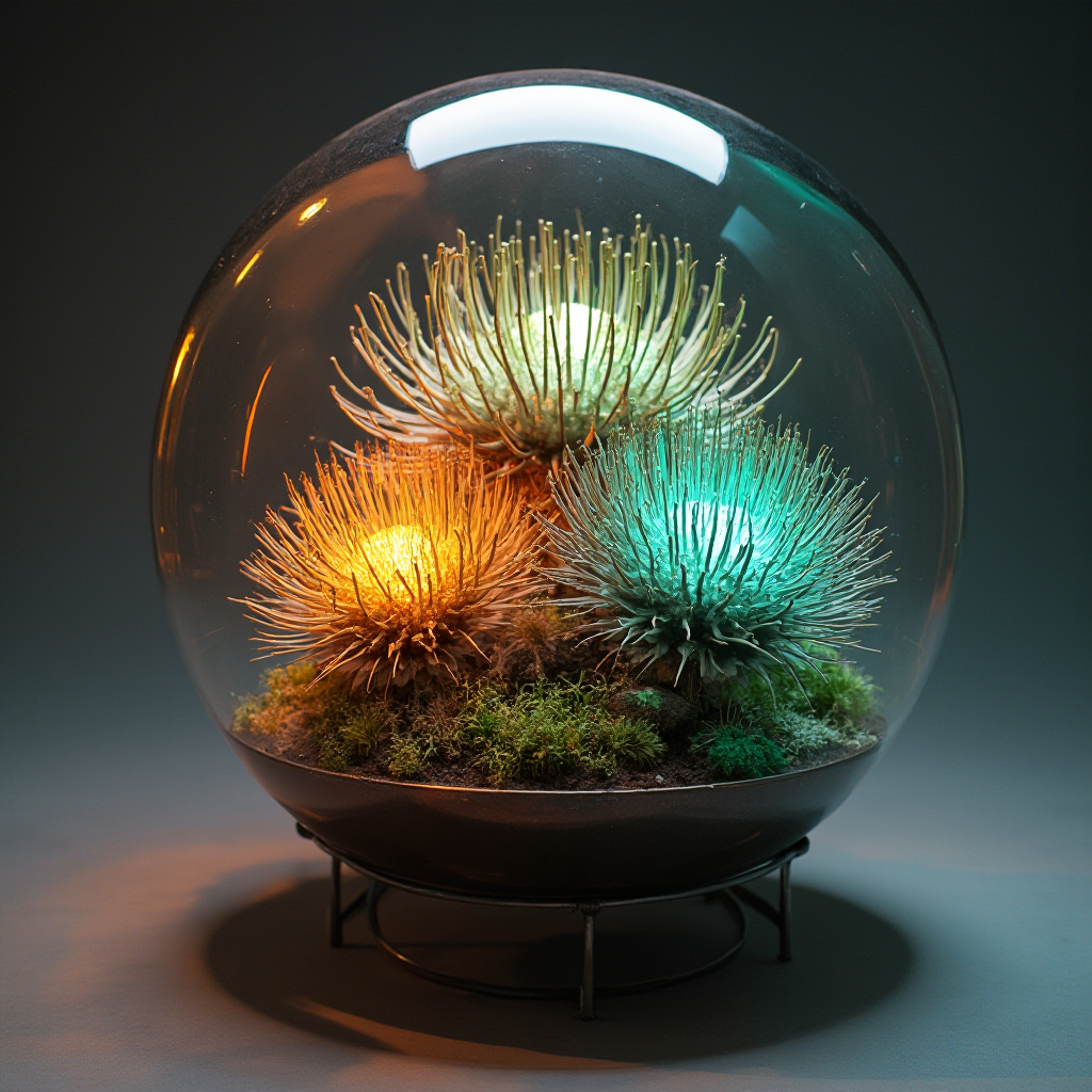 Współczesna aranżacja z trzema Haworthia truncata w szklanej kuli zawieszonej na metalowym stojaku, ze światłem LED zmieniającym kolory