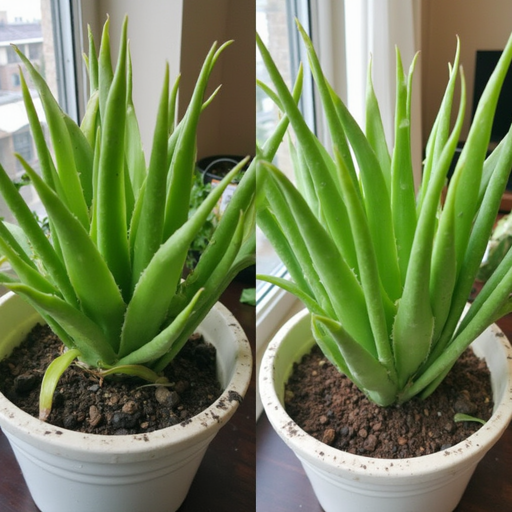 Porównanie metod podlewania Haworthia pygmaea. Po lewej: podlewanie dolne z zanurzeniem w miseczce. Po prawej: tradycyjne podlewanie konewką. Widoczne różnice w kondycji liści.