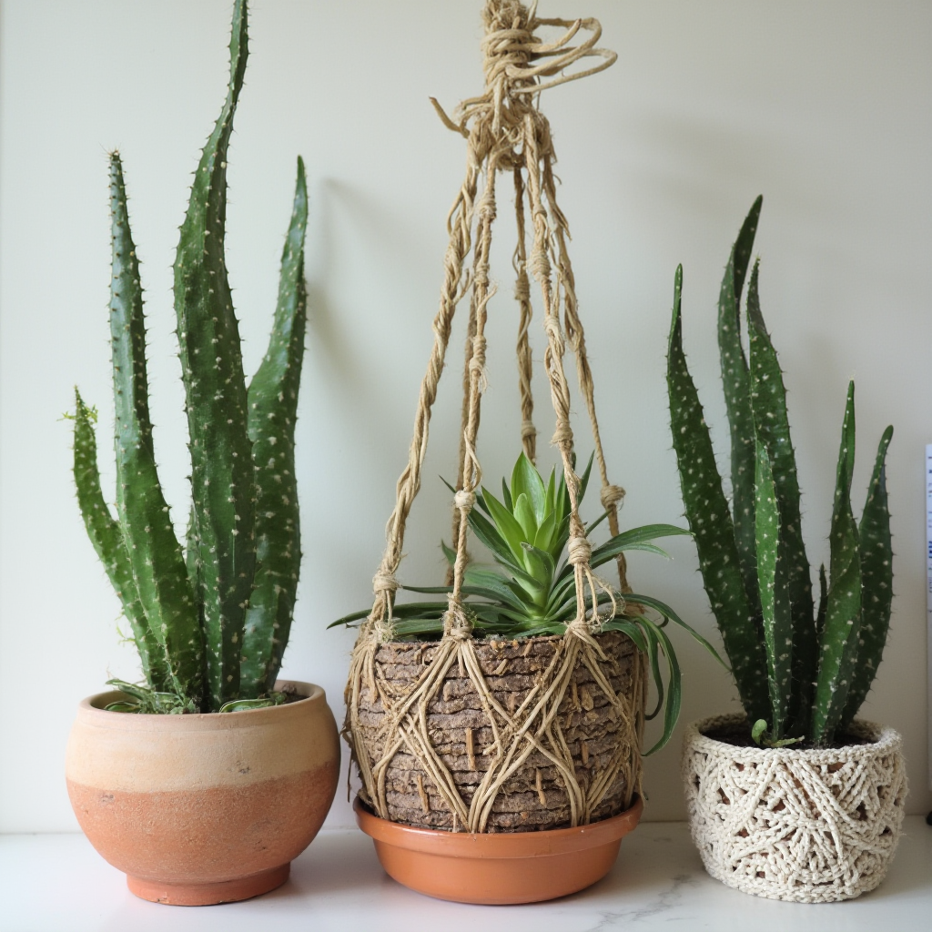 Kolekcja Haworthia pygmaea w różnorodnych doniczkach. Od frontu: minimalistyczna ceramika, wiszący pojemnik macramé, doniczka-hydroponik z poziomem wody. Rośliny w różnym stadium rozwoju.