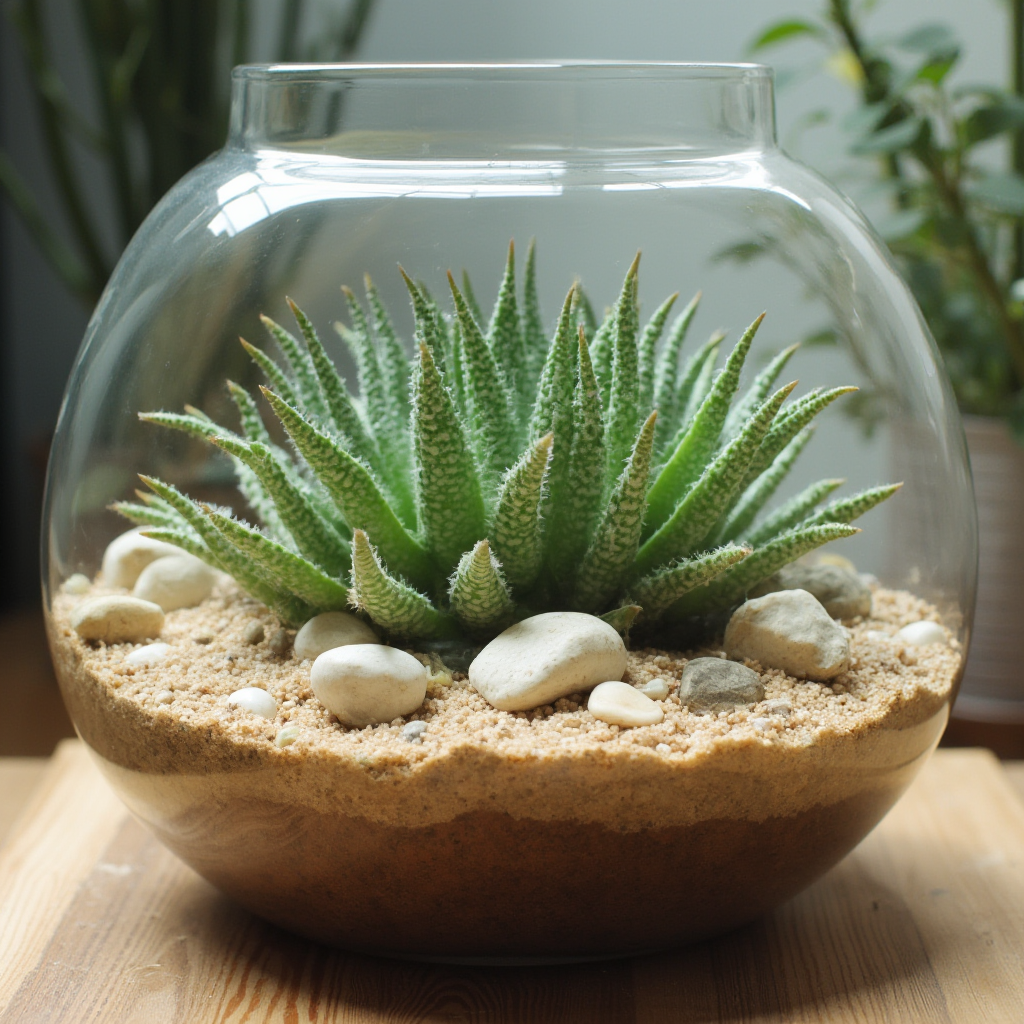 Haworthia attenuata w szklanym terrarium z warstwami drenażu widocznymi przez szkło, kompozycja z kamieniami i piaskiem w beżowych odcieniach
