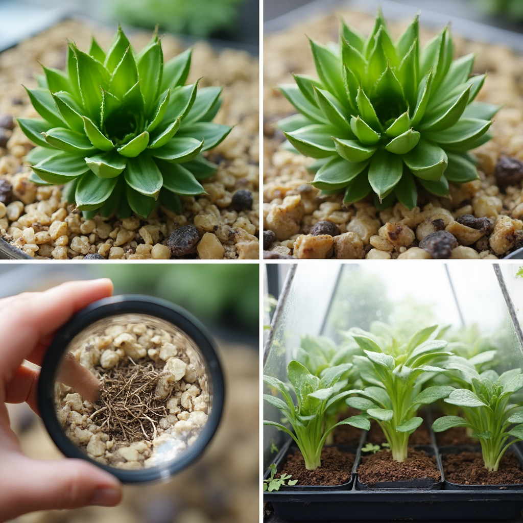 Etapy rozmnażania Haworthia attenuata: zdrowe liście na wilgotnym perlitu, młode korzenie widoczne pod lupą, sadzonki w mini szklarni