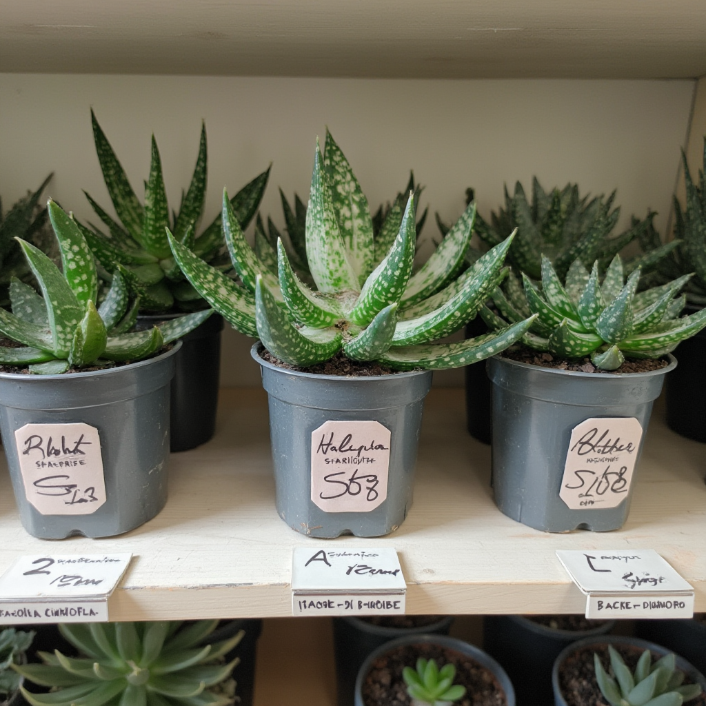 Kolekcja rzadkich odmian Haworsji prążkowanej (Haworthia limifolia): variegata, „Stargazer”, „Black Diamond”. Kadr: panorama na półce z podpisami odmian.