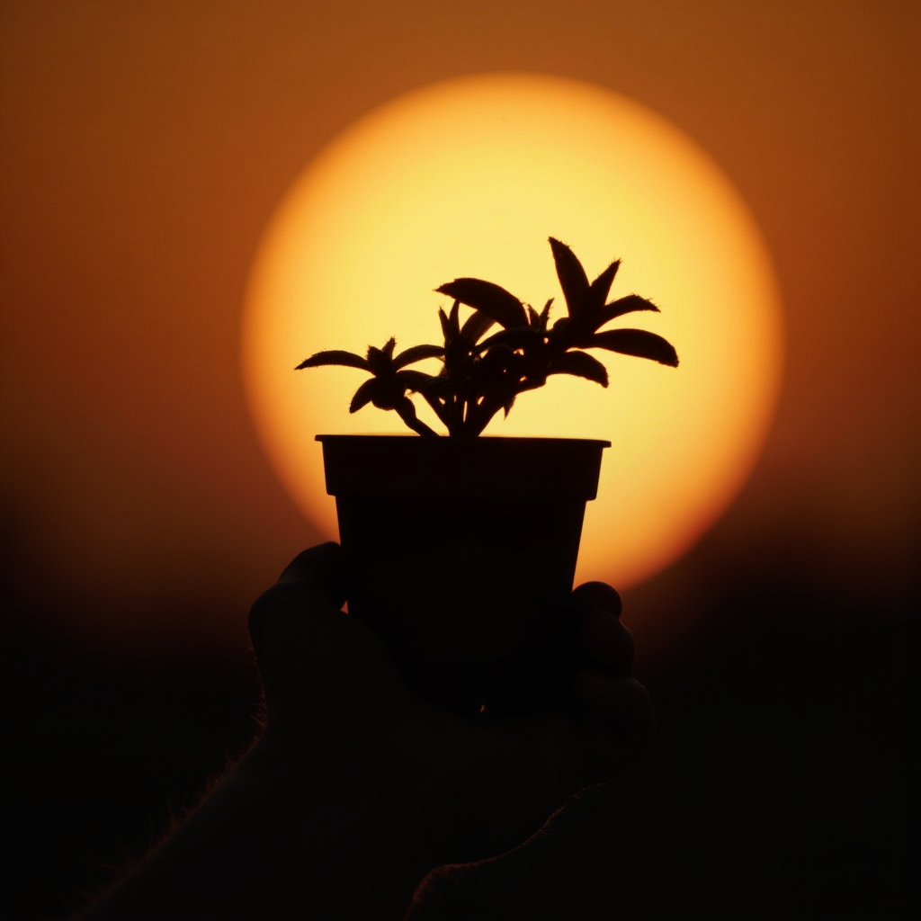 Dłoń trzymająca doniczkę z Haworsją prążkowaną (Haworthia limifolia) na tle zachodzącego słońca. Kadr: sylwetkowe ujęcie z mocnym kontrastem światła.