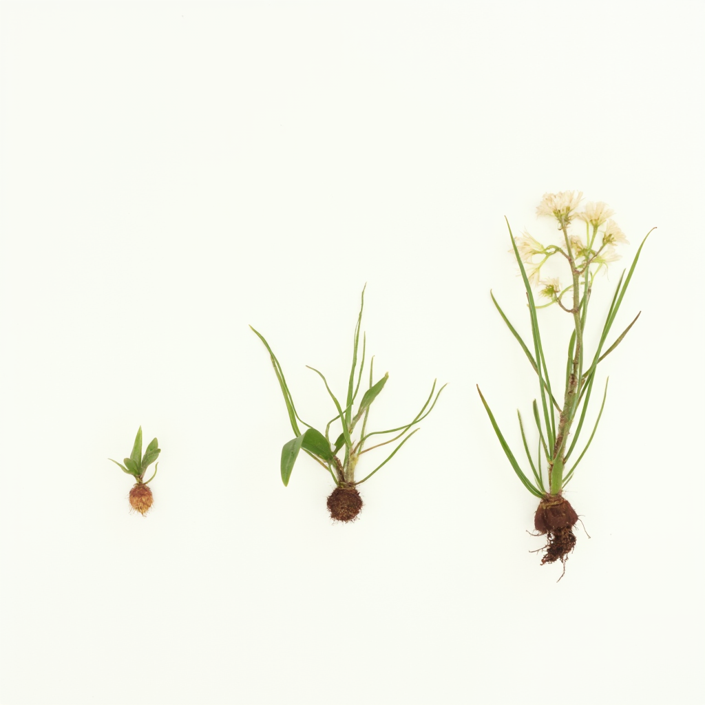 Trzy etapy wzrostu Haworsji prążkowanej (Haworthia limifolia): młoda sadzonka, dojrzała roślina, okaz z kwiatostanem. Kadr: kompozycja w trzech sekcjach na białym tle.