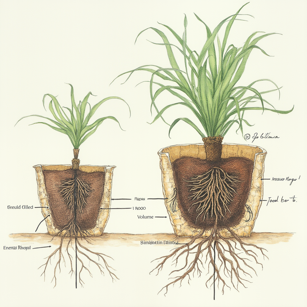Schemat systemu korzeniowego Haworsji prążkowanej (Haworthia limifolia) w porównaniu z objętością doniczki. Kadr: przekrój boczny z podpisami głównych korzeni.