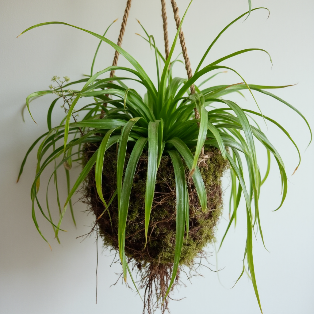 Kaskadowe ułożenie Haworsji prążkowanej (Haworthia limifolia) w wiszącej doniczce typu kokedama. Kadr: kompozycja z mchu i sznurka jutowego z widocznymi korzeniami.