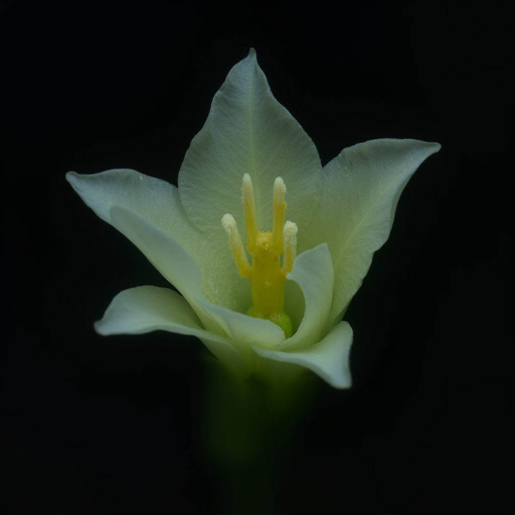Nocne zdjęcie kwiatu Haworsji prążkowanej (Haworthia limifolia) z widocznym zawisakiem. Kadr: długi czas naświetlania z podświetleniem fleszem.