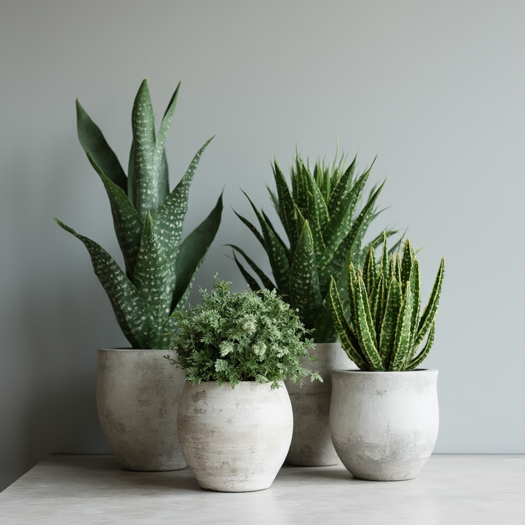 Nowoczesna aranżacja z trzema Haworsjami prążkowanymi (Haworthia limifolia) w betonowych donicach na tle szarej ściany. Kadr: kompozycja trójkątna z różnymi wysokościami roślin.