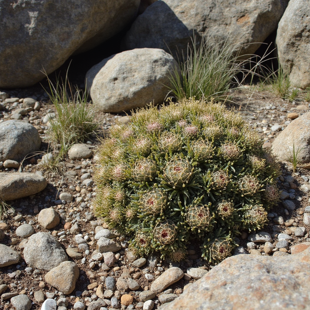Naturalne środowisko Haworthia cooperi w Afryce Południowej, skaliste podłoże z rzadką roślinnością, rośliny schowane w cieniu głazów
