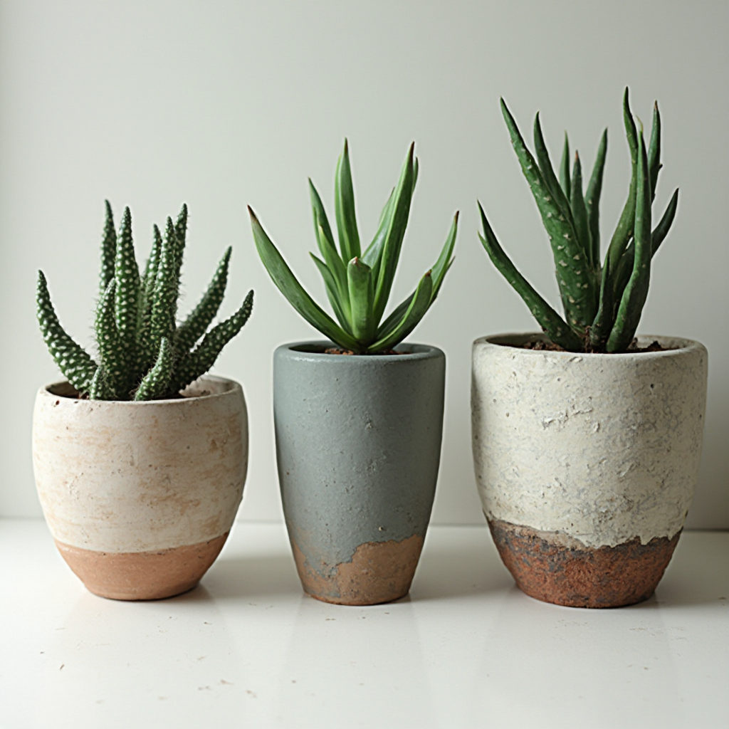 Różne doniczki dla Haworthia cooperi – ceramiczne, betonowe i plastikowe z porównaniem wzrostu roślin, podpisane zalety i wady każdego materiału