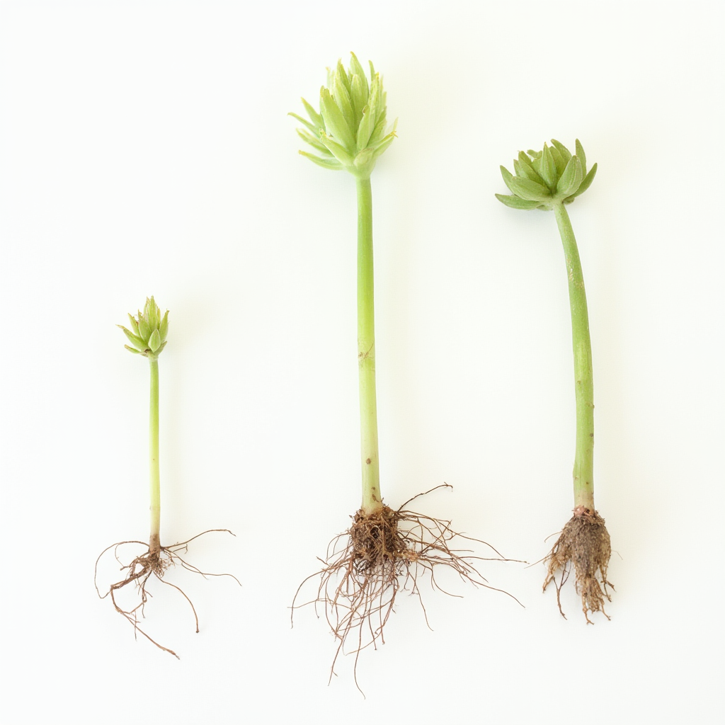 Proces rozmnażania Haworthia cooperi: od oddzielania sadzonek po ukorzenienie, kolejne etapy sfotografowane na białym tle