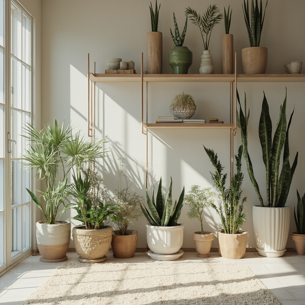 Nowoczesna aranżacja wnętrza z wieloma okazami Haworthia cooperi w różnych formach doniczkowych, minimalistyczne półki i naturalne materiały