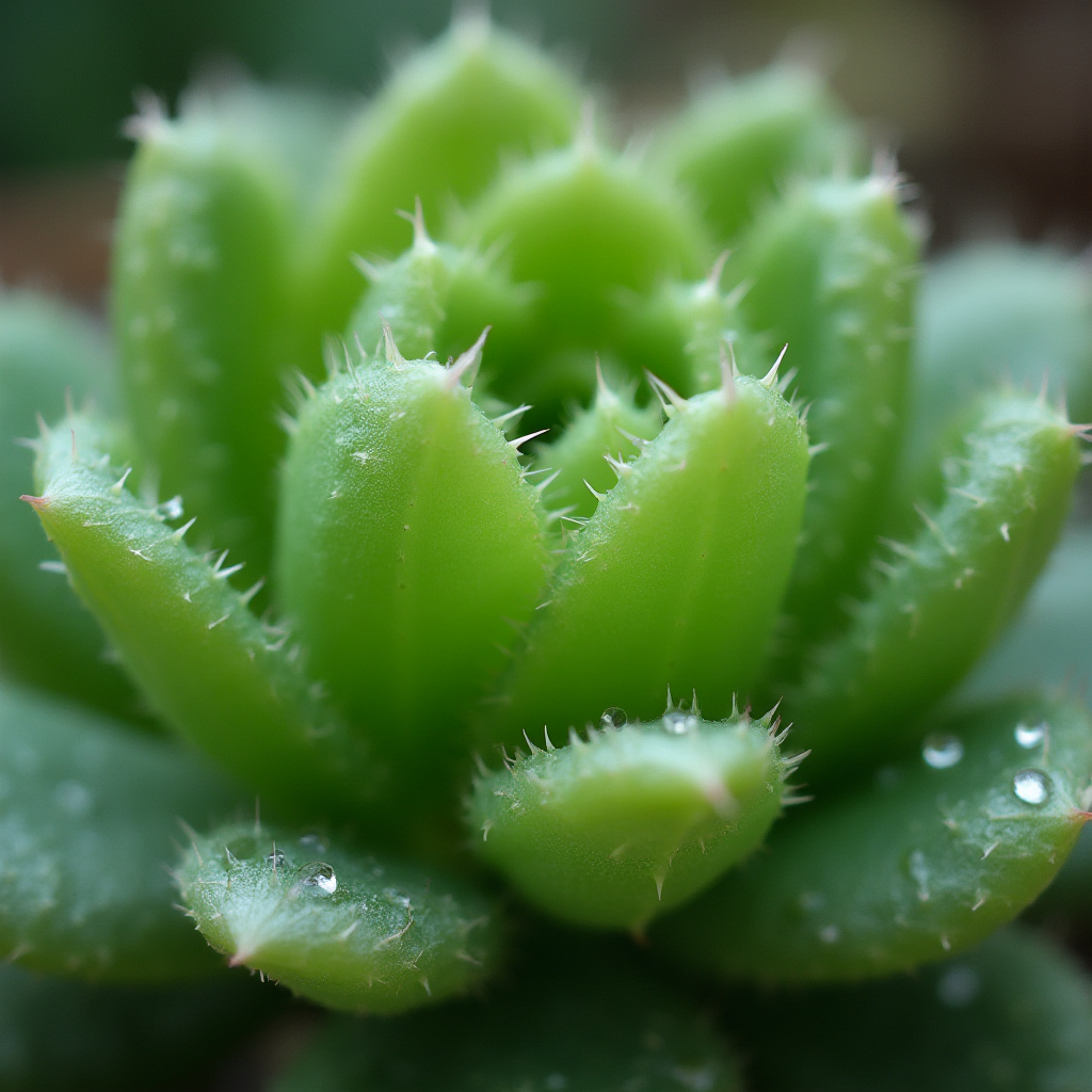 Makro zdjęcie liści Haworthia retusa z widocznymi żyłkami i półprzezroczystymi wierzchołkami, krople wody na powierzchni, tło rozmyte