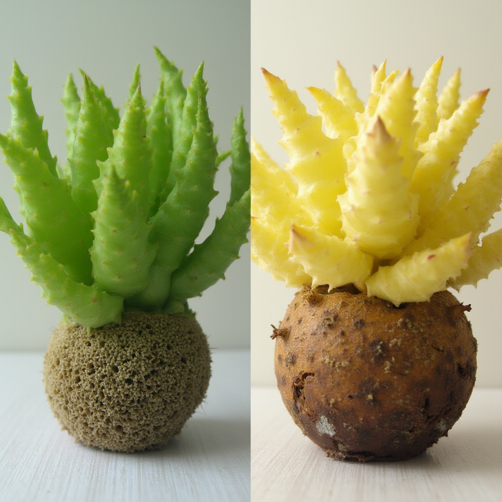 Porównanie zdrowej i przelanej Haworthia retusa – po lewej jędrne liście w odcieniu limonki, po prawej żółknące, miękkie liście z gnijącą podstawą