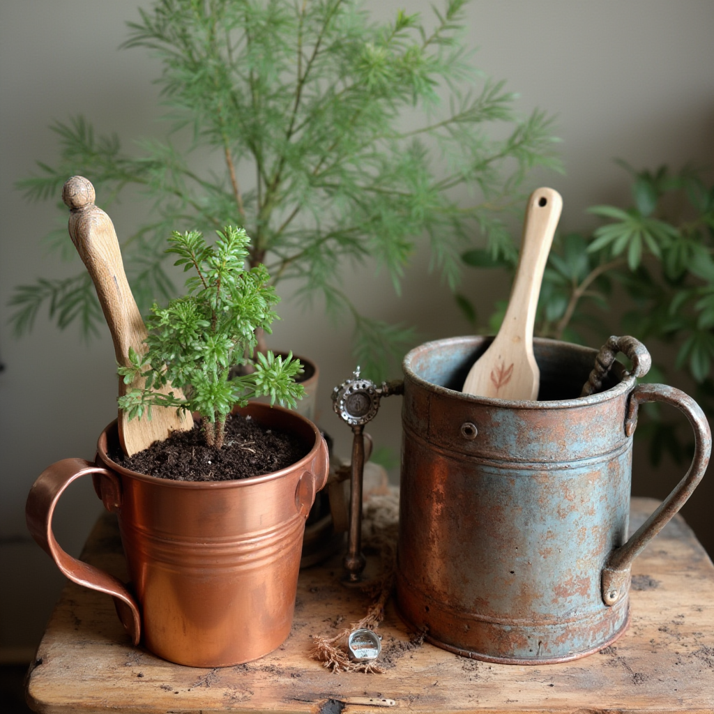 Narzędzia do pielęgnacji Haworthia retusa: drewniana pałeczka do spulchniania gleby, miedziana konewka, termometr pokojowy, miernik wilgotności gleby