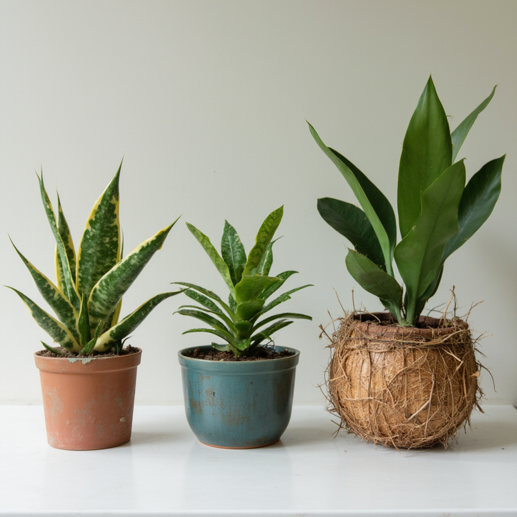 Porównanie różnych doniczek dla Haworthia retusa: terakota, ceramika szkliwiona, plastikowy pojemnik z systemem samopodlewania, doniczka wisząca z kokosowego włókna