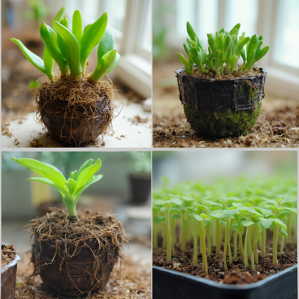 Etapy rozmnażania Haworthia retusa: zdrowe odrosty korzeniowe, ukorzenianie liścia w perlicie, młode sadzonki w mini-szklarni
