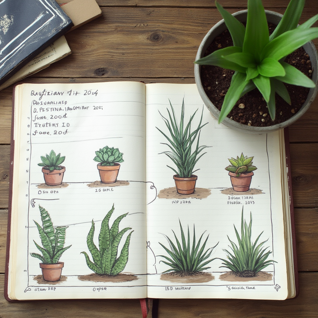 Dziennik obserwacji Haworthia retusa z datami, notatkami i zdjęciami progresu wzrostu, leżący obok rośliny w ceramicznej doniczce