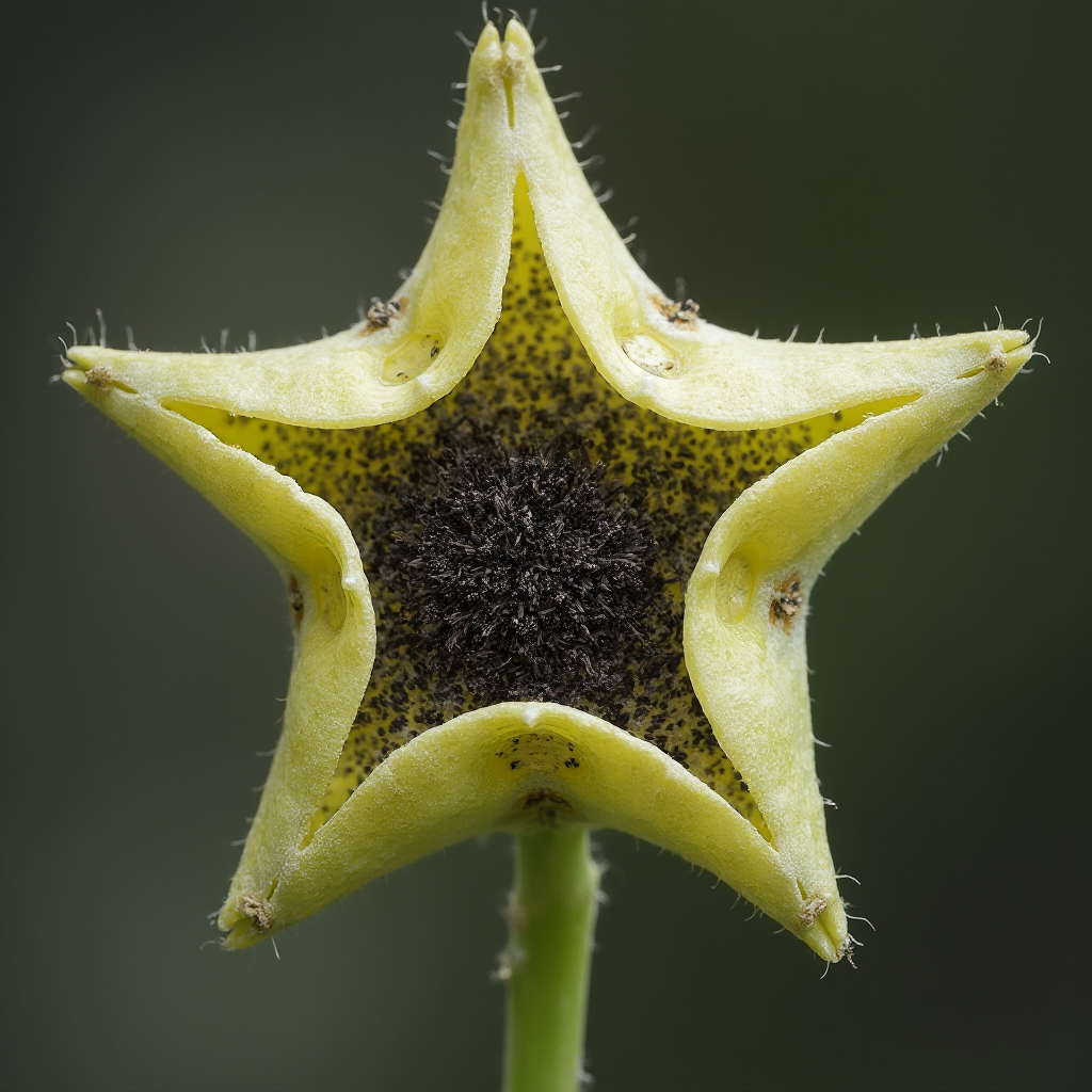 Strąki nasienne Haworsji trójzębnej otwierające się w kształcie gwiazdy, z drobnymi czarnymi nasionami na tle milimetrowej siatki