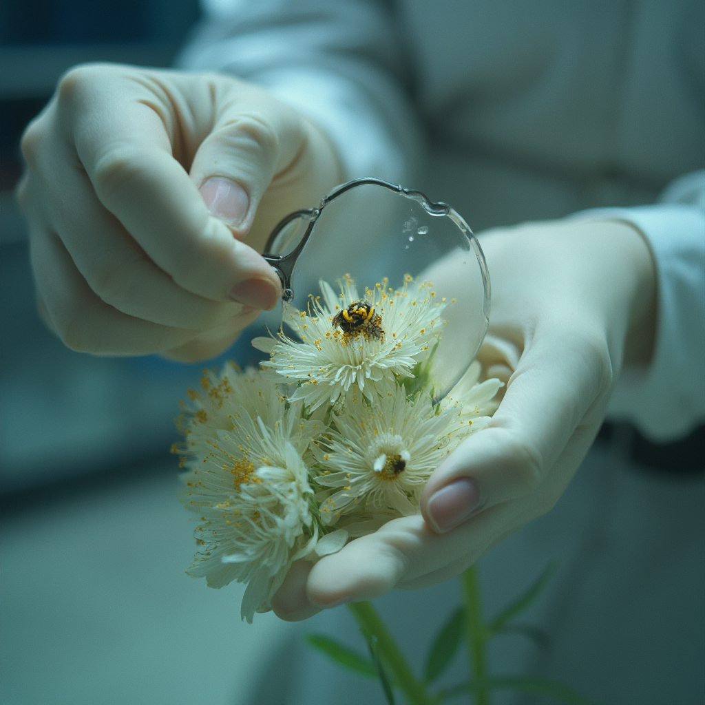 Ręka w rękawiczce laboratoryjnej dokonująca zapylenia krzyżowego kwiatów Haworsji pod lupą