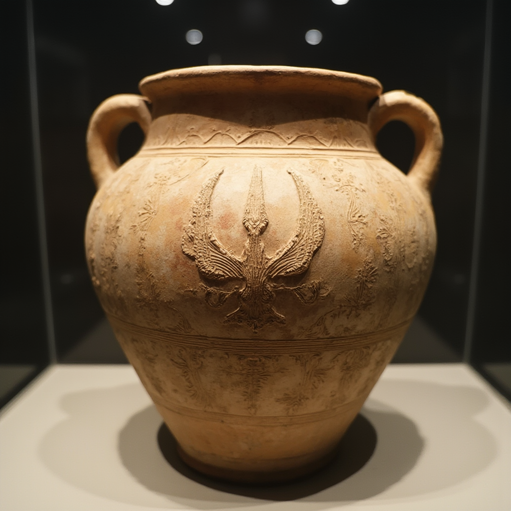 Starożytna ceramiczna doniczka z historycznymi rycinami przypominającymi Haworsję trójzębną, przechowywana w muzealnej gablocie