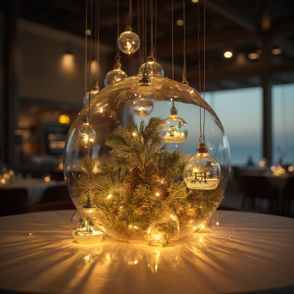 Nowoczesna aranżacja stołu z wiszącymi szklanymi kulkami zawierającymi miniaturowe Haworsje, oświetlone diodami LED