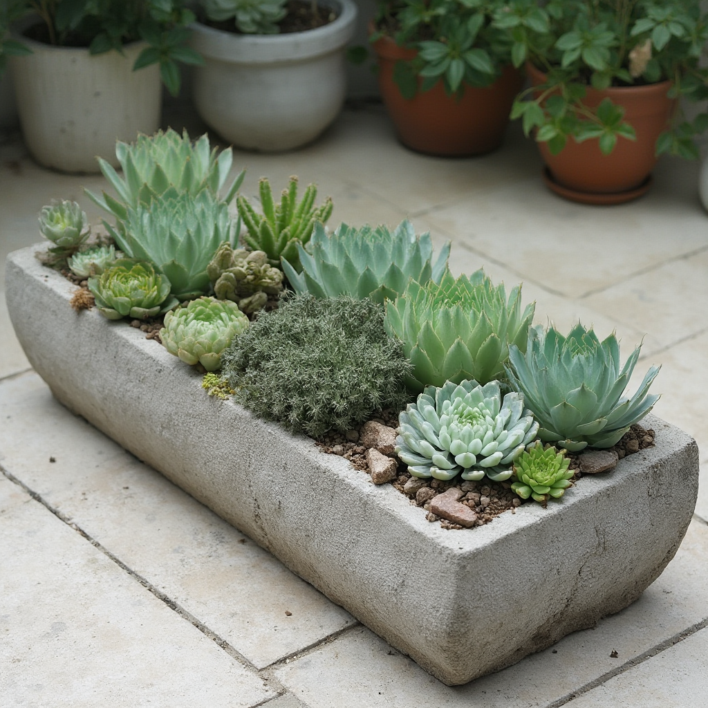 Długi betonowy pojemnik z różnymi gatunkami sukulentów ułożonymi w geometryczny wzór, z Haworsją jako centralnym elementem
