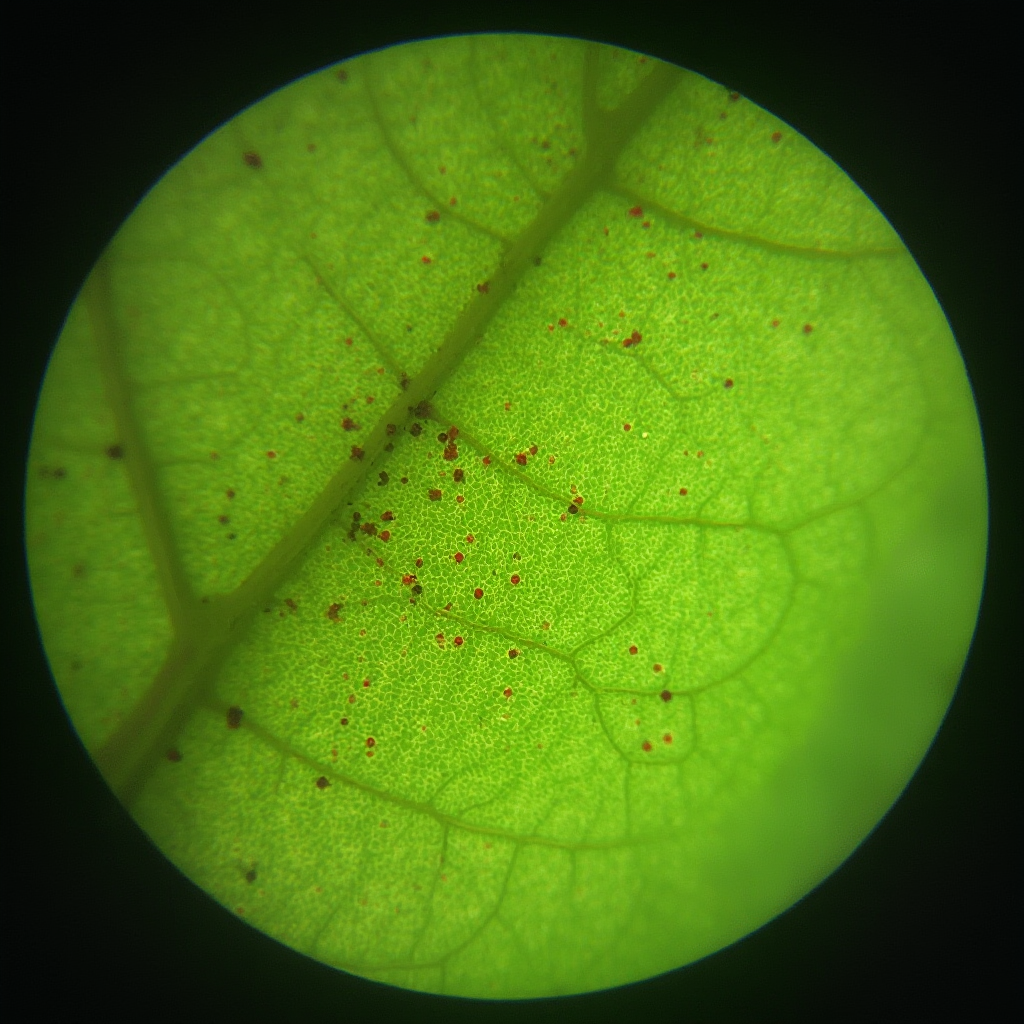 Liść Haworsji trójzębnej pod lupą z widocznymi przędziorkami w postaci drobnych czerwonych kropek