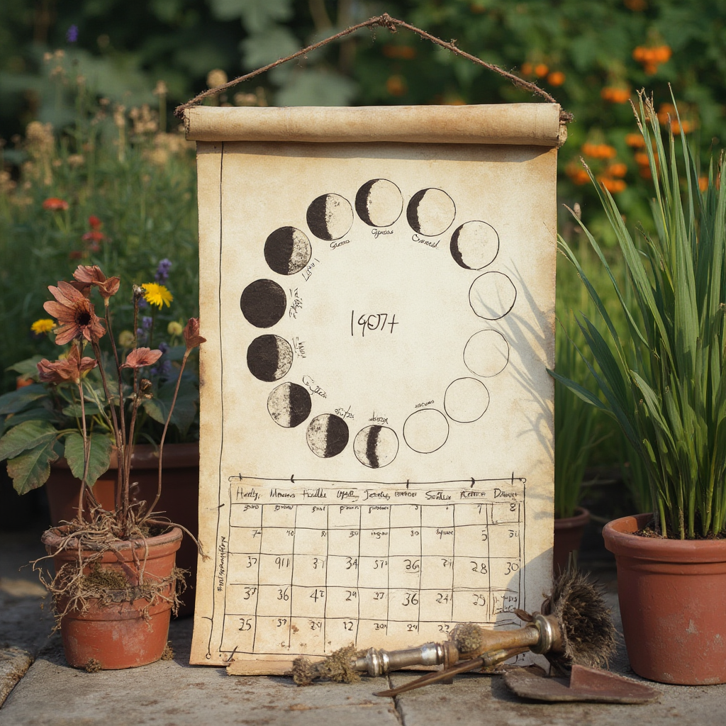 Kalendarz ogrodniczy z zaznaczonymi fazami księżyca, obok doniczka z Haworsją i narzędzia do pielęgnacji