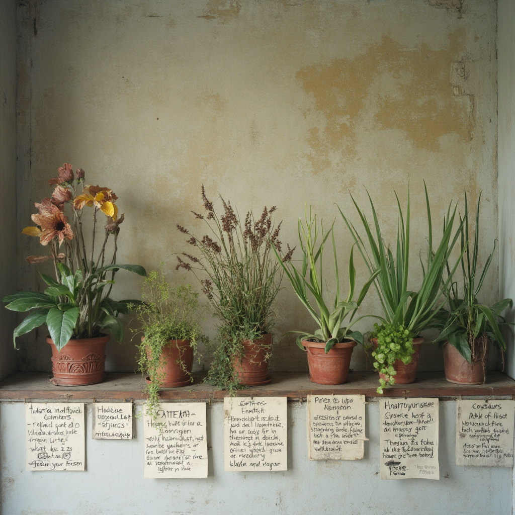 Kolekcja różnych kultywarów Haworsji trójzębnej ustawiona na półce z opisami odmian