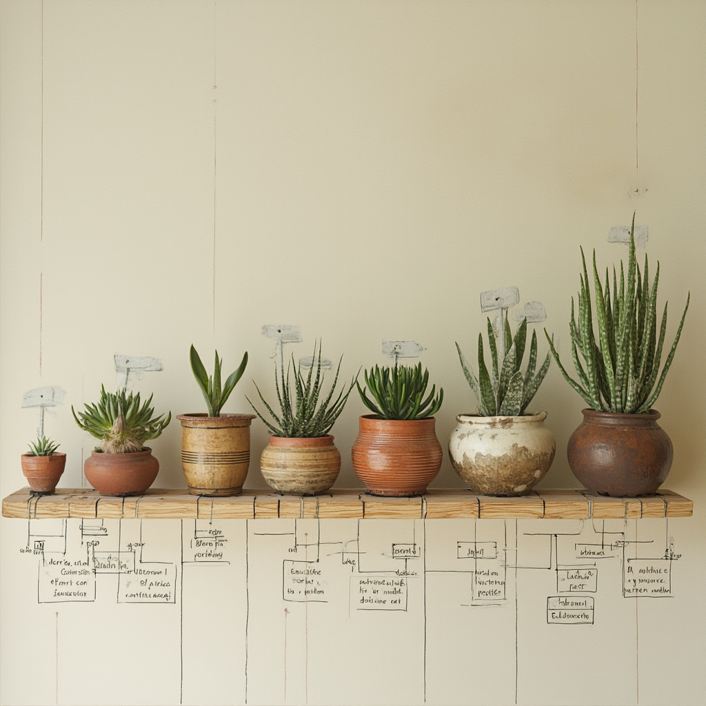 Historyczna linia czasu pokazująca rozwój doniczek dla sukulentów od starożytnej ceramiki po współczesne modele z czujnikami wilgotności